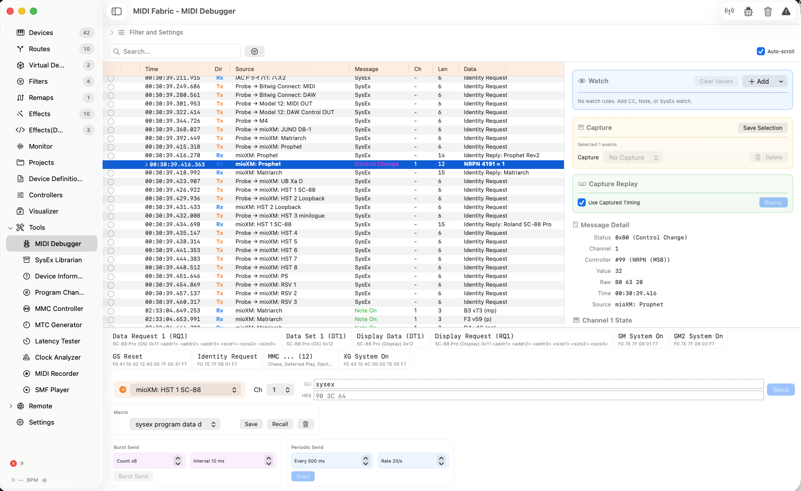 MIDI Fabric MIDI debugger